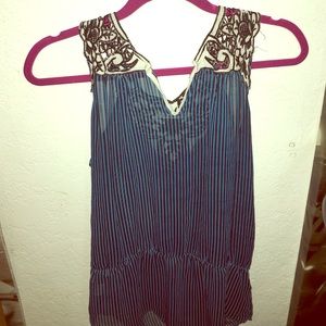 Blue and black striped top with crotchet accents