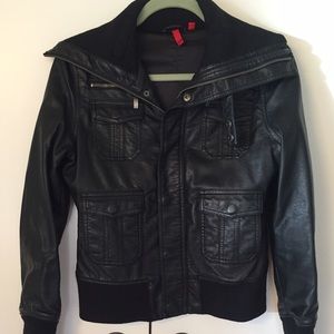 Black leather bomber jacket