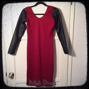 Burgundy faux-leather sleeve midi dress size 2-4