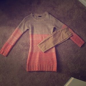 Tan&orange sweater dress w/nude leggings