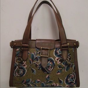 Fossil Vintage Dark Leather Floral Tapestry Purse