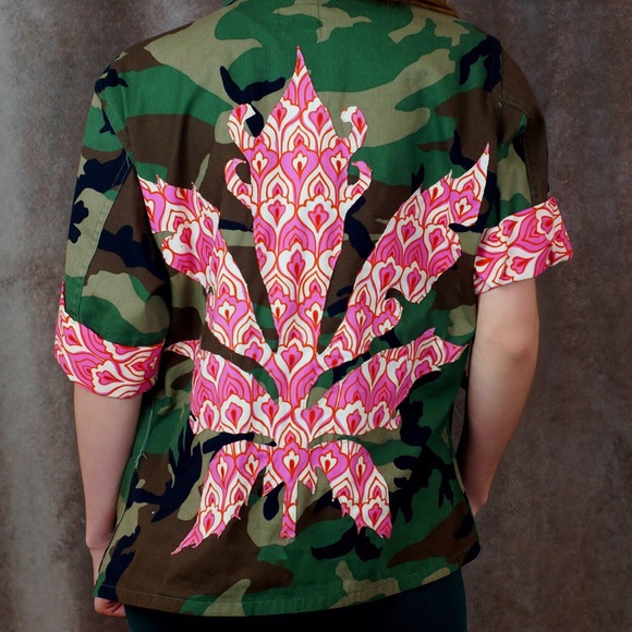Reconstructed Camo Army Jacket w/ Pot Leaf