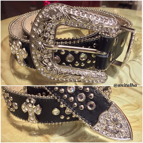 Unknown Accessories - Leather Black Rhinestone Studded Belt