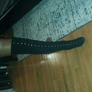 Black thigh high military boots