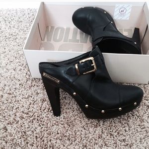 BCBG Black Leather Mules