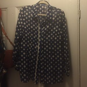 Navy/off white polka dot button down sheer top.