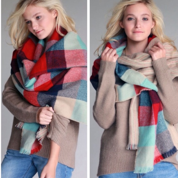 Accessories - Plaid and Striped Print Blanket Scarf