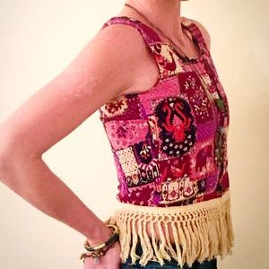 Vintage Elephant Design Zip Up Fringe Vest