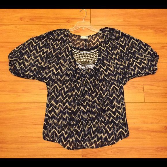 See-through blouse w/ metallic beads front neck