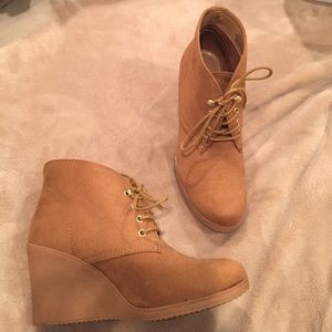 Tan suede wedge booties