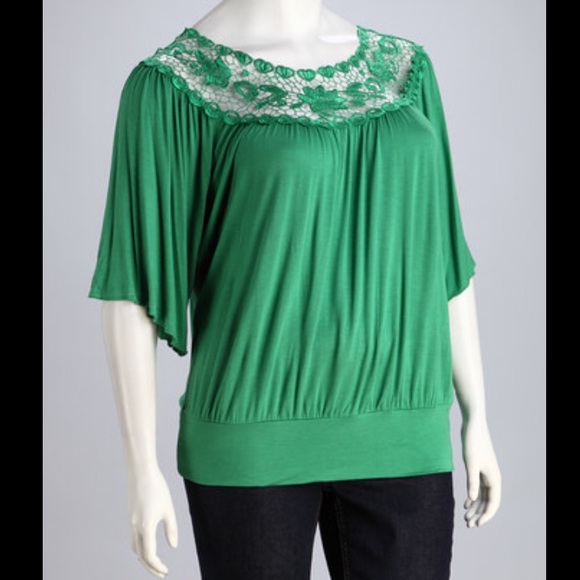 Super Soft PLUS SIZE Green Crochet Neck Blouse.