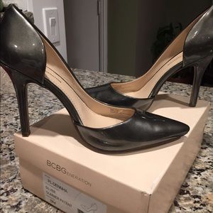 BCBG charcoal patent heels