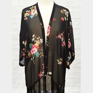 Black Floral Kimono with Fringe