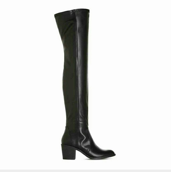 Black pleather thigh high boots