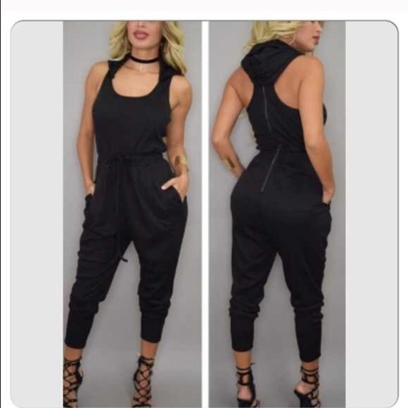 Sexy Black Hoodie Jumpsuit Romper