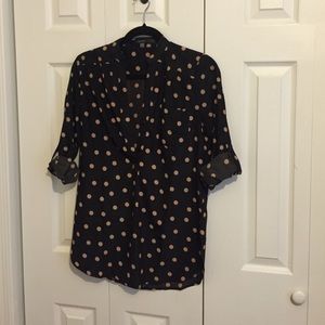 Navy and tan polka dot silky tunic