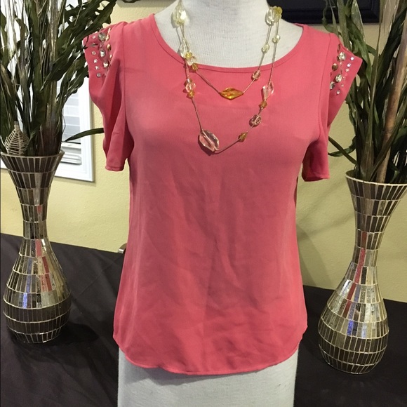 A peach color bedazzled sleeve blouse - Picture 2 of 3