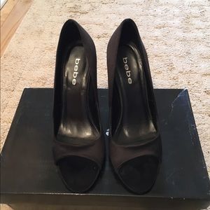 BEBE Satin Wedge Peep Toe