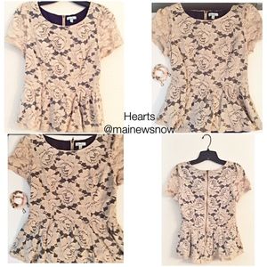Hearts Brand: Floral Lace-Over Navy Blouse, Peplum