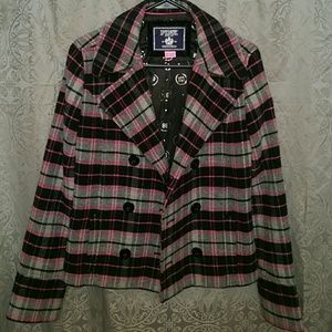 Pink pea coat with removable fur hood.