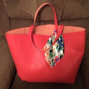 Coral tote with floral scarf