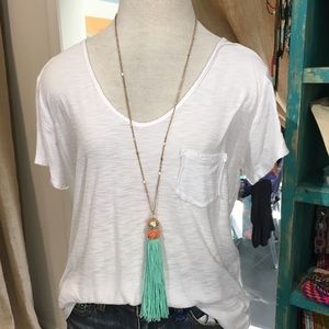 Extra large teal tassel hanging necklace