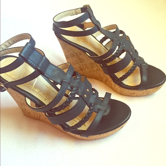 Navy blue strap wedge heels