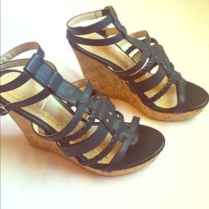 Navy blue strap wedge heels