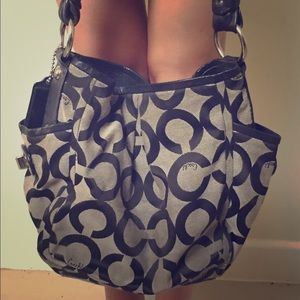 Coach logo canvas tote bag black/gray silver trim