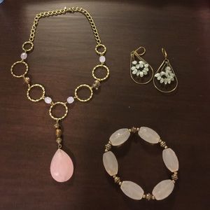 Avon pink and gold necklace bracelet earrings set
