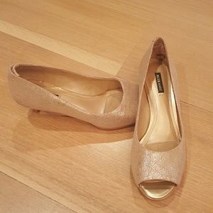 Gold shimmer open toe heels