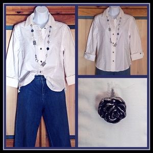 Crisp White Textured Blouse with Rose Buttons