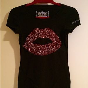 Flirty Bebe black tee w pink and red stones