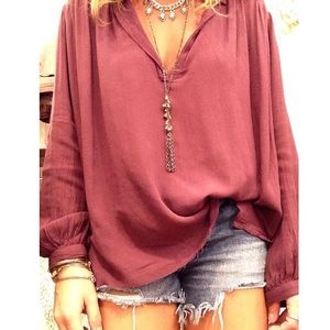 Free people maroon drippy V neck blouse