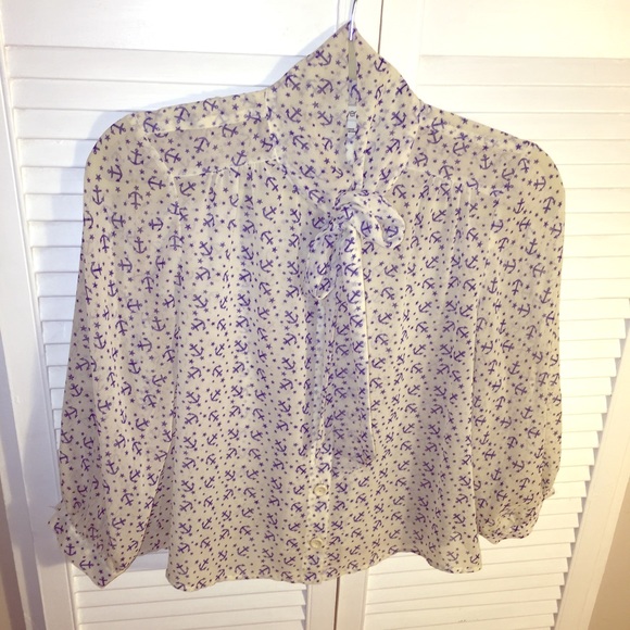 Semi-sheer chiffon tie neck anchor blouse - Picture 1 of 3