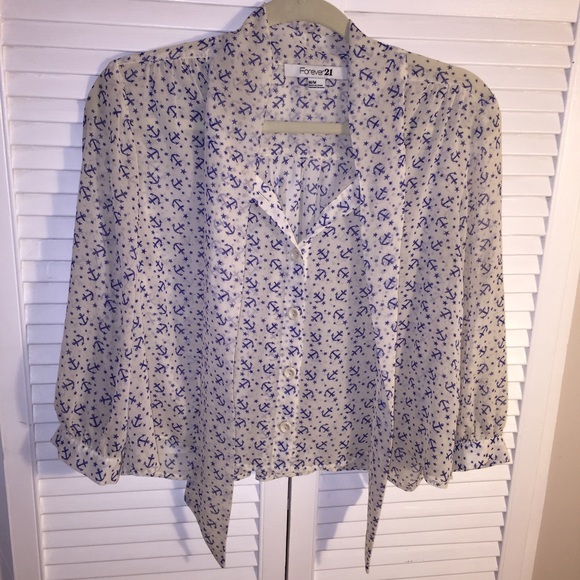 Semi-sheer chiffon tie neck anchor blouse - Picture 3 of 3