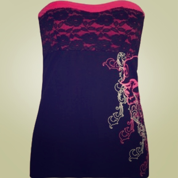 Metal mulisha black & pink lace overlay tube top