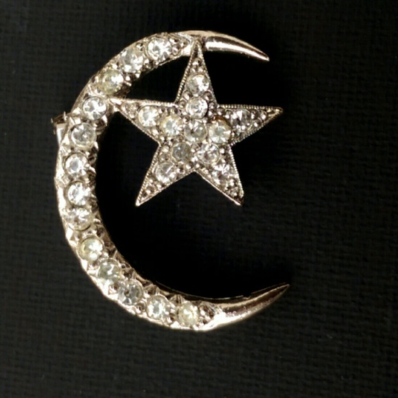 Vintage Jewelry - Antique Rhinestone Paste XL Moon and Star Brooch