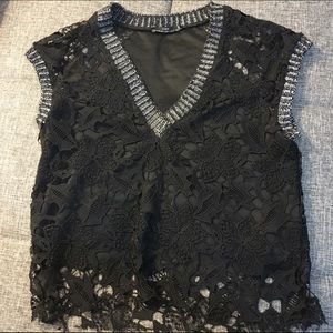 Zara black lace mixed sweater trim top