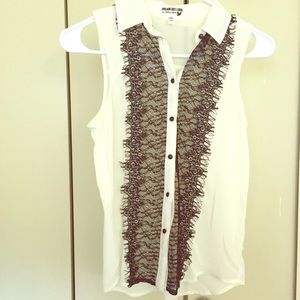 White Sleeveless Button-Up with Black Lace