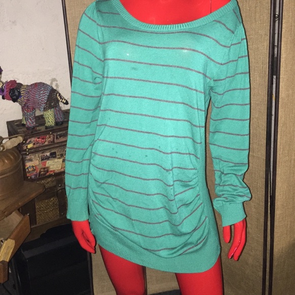 Teal and Gray striped sweater longer length