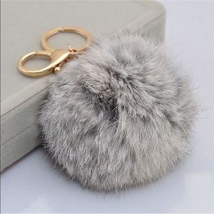 Grey Gold Pom Pom Keychain Purse Accessory
