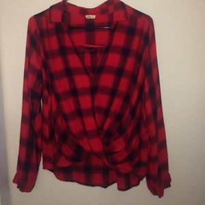 Red wrap front plaid top
