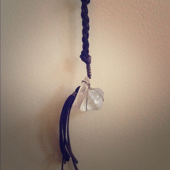 Wrapped Quartz w leather tassle pendant