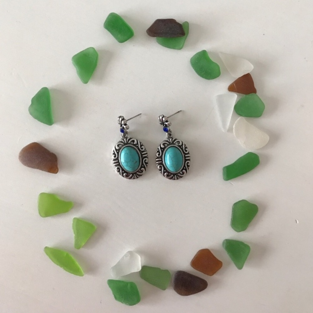 Natural Turquoise Stone + Silver Drop Earrings