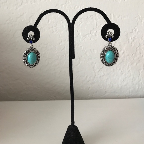 Natural Turquoise Stone + Silver Drop Earrings - Picture 4 of 4