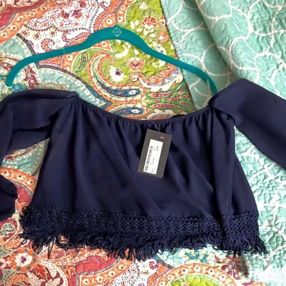 Navy blue off the shoulder cut off