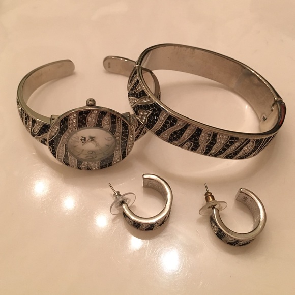 Zebra watch, earrings, bracelet new!! Never worn