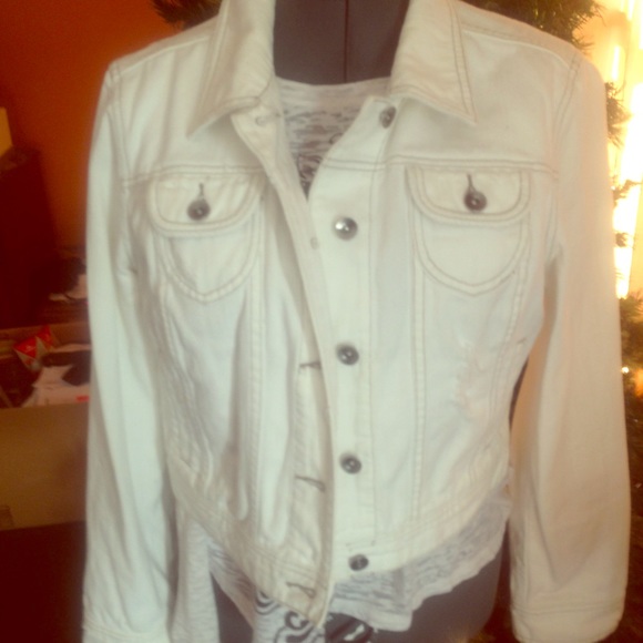 Cropped white distressed denim jacket