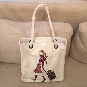 White girl with dog Nicole Miller shoulder bag
